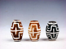 Set Of 3 Old Tibetan Crafted *Dots & Cross* Patterns Dzi Beads #04102204 picture
