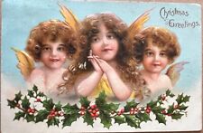 Antique Christmas Postcard Three Cherub Angels Holly Berries Embossed c1910 picture