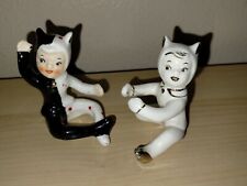 Vintage pixie cat elf candle holder hugger porcelain Japan harlequin black white picture