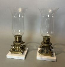 Pair of Vintage Brass & Marble Candelabra Hurricane Lamps Figural Dolphin Bases picture