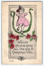 c1910's Christmas Little Girl Playing Poinsettia Flowers Antique Postcard picture