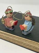 2 Vintage Miniature Wooden Angels Italy Hand painted Hearts Ornaments Christmas picture