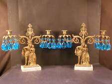PR 19 c Bronze Blue Crystal Cut Prism Candelabra Luster Girandole Candle Holder~ picture