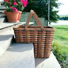 Vintage HANDMADE Wood Wicker Stair Step Basket, Picnic Handles, Old Town Vibes picture