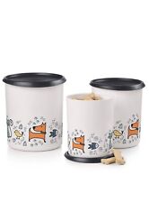 TUPPERWARE ONE TOUCH CANISTER SET 3 pc PAWSOME PETS DOG BONES FISH BIRD AIRTIGHT picture