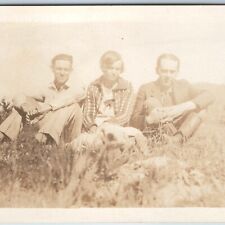 c1910s Outdoor Group Men and Woman RPPC Picnic in Grass Slick Handsome Guys A214 picture
