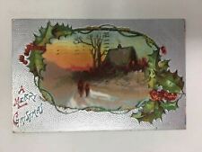 c. 1910 Merry Christmas Postcard Holly Cottage People Snow Silver Embossed picture