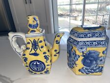 Vintage Chinese White Yellow Blue Teapot & Caddy Hand Painted Mother’s Day Gift picture