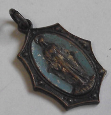 Antique Vtg religious ornate blue enamel Miraculous Virgin Mary charm medal picture