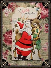 Vintage Christmas Card Auntie Santa Reindeer Volland Die Cut MCM 6.25x3.5 In NOS picture