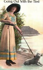 Vintage Postcard 1913 Going Out On The Beach Lady With Her Pet Dog Tied picture