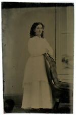 CIRCA 1860'S Hand Tinted 1/6 Plate  TINTYPE Beautiful Woman in Stunning Dress picture