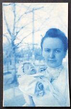 Vintage 1908 Cyanotype trimmed RPPC mother and infant 2 1/4” by 3 1/2” picture