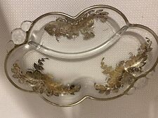 2-Section Divided Glass Dish Gold  Leaf Vintage 1950s MCM Trinket Relish   Tray picture