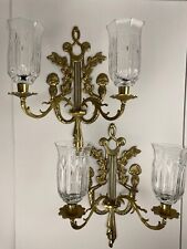 Vintage Pair of Solid Brass Wall Sconces Shell Leaf MCM Glass Candle Holders picture