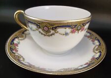 Jean Boyer JB Limoges France Pink Roses Blue Porcelain Tea Cup Saucer Set picture