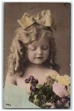 1909 Cute Little Girl Flowers Studio Portrait Alleghany PA RPPC Photo Postcard picture
