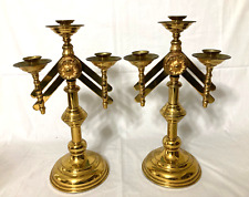 PAIR ANTIQUE ADJUSTABLE 3-LIGHT CATHOLIC CHURCH ALTAR CANDELABRAS CANDLE HOLDERS picture