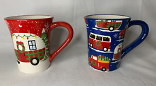 Kringle's Kitchen Holiday Christmas Mugs Camper Bus Truck Set of 2 Red Blue picture