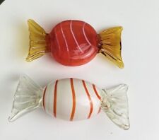 2 Large Hand Blown Orange & White Striped Wrapped CANDY Art Glass Paperweight picture