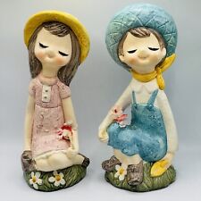 Vintage Norleans Japan Ceramic Girl And Boy Cloth Flowers Figurine Eyes 8 Inches picture