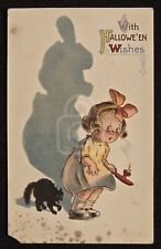 Rare Halloween Postcard with Scared Little Girl and Black Cat. C 1910's Winsch  picture