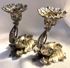 Pair of Ornate Elephant Head Trunk- Pewter Detailed Candle Holders- Signed -Vtg picture