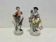 Antique Pair of Meissen Porcelain Figures Man & Woman Flowers 7.5” picture