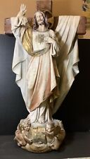 The SACRED HEART of the DIVINE JESUS with CROSS and ANGELS ITALY  Huge 28” Tall picture
