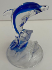 Vintage Dolphin Figurine Paperweight Cobalt Blue Clear Art Glass Porpoise Wave picture