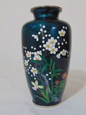 Sato Green Blue Foil Silver Cloisonne Vase Flowers Cherry Blossoms 7 1/4” Mums picture