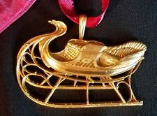 SLEIGH Christmas Ornament GOLDTONE w Red Ribbon Shelburne Musuem Victorian style picture