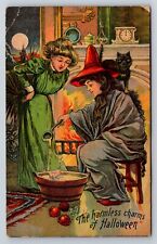 Postcard Halloween Witch Making Potion For Woman Black Cat c1910s AB1 picture