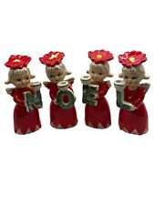 VTG Commodore NOEL Poinsettia Angels Candle Holder Set Japan Mid Figurines READ picture