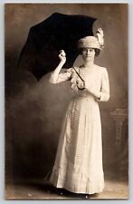 Edwardian Pretty Lady Big Hat Umbrella Studio Real Photo RPPC Vtg Postcard 1910s picture