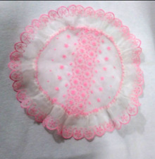 Vintage Pink Embroidered Sheer Organza Round Scalloped Doily Floral Granny picture