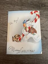 Vintage Christmas Card Snowman Carrying Candy cane, Used picture