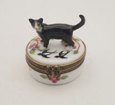 New French Limoges Trinket Box Black Tuxedo Kitty Cat on Floral Box with Birds picture