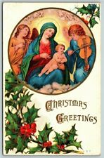 Postcard~ Christmas Greetings~ Mary, Jesus, & Angels~ Violin~ Holly picture