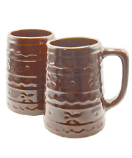 2 Vintage Brown Stoneware Mugs, Marcrest MCR2 Daisy Dot Beer Stein Tankard USA picture