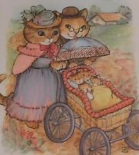 UNUSED vintage Baby card, cat couple taking care of babies, 6 1/2