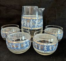 Vintage Set 4 Cups Glasses & Small Pitcher Etruscan Frieze By Cera Blue Greek  picture