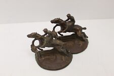 ANTIQUE PAIR JOCKEY and JUMPING HORSE BRONZE FIGURINE SCULPTURED BOOKENDS picture