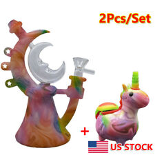 2Pcs/set Silicone Smoking Hookah Colorful Moon & Unicorn Bong Water Pipe w/Bowls picture