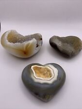 Three Natural Beautiful Sparking Quartz Agate Druzy Hearts From Brazil. 558g picture