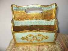 Ornate Aqua & Gold Vintage Italian Florentine Tole Wood Letter Hold Box Tray picture