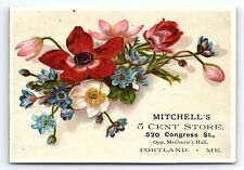 c1880 PORTLAND ME MITCHELL'S 5 CENT STORE CONGRESS ST FLORAL TRADE CARD Z1437 picture