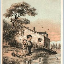 c1880s Cute Children Fishing Ducks Tan Blue Litho Trade Card Peaceful Scene C30 picture