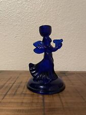 Vintage Cobalt Blue Glass Winged Cherub Candle Holder  picture