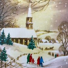 Vintage Mid Century Christmas Greeting Card Brown Church Colorful Villagers picture